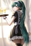  1girl alcohol alternate_costume back_cutout bangs black_dress black_legwear black_ribbon blurry blurry_background blush bow champagne closed_mouth clothing_cutout cup curtains delsaber dress drinking_glass earrings enmaided fire_emblem fire_emblem:_the_blazing_blade frilled_dress frills from_behind green_eyes green_hair hair_ribbon high_ponytail highres holding holding_tray jewelry long_hair looking_at_viewer looking_back lyn_(fire_emblem) maid maid_headdress ponytail ribbon short_sleeves simple_background solo sparkle thigh-highs thighs tray very_long_hair waist_bow wavy_mouth wrist_cuffs zettai_ryouiki 