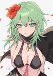  1girl arms_behind_back bangs banned_artist bare_shoulders bikini black_bikini black_cape breasts byleth_(fire_emblem) byleth_eisner_(female) cape commentary fire_emblem fire_emblem:_three_houses fire_emblem_heroes flower green_eyes green_hair hair_between_eyes hair_flower hair_ornament hibiscus highres large_breasts long_hair looking_at_viewer navel red_flower shimizu_akina smile solo stomach swimsuit symbol-only_commentary upper_body 