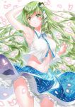  1girl arm_up armpits bangs bare_arms bare_shoulders blue_skirt blush breasts cherry_blossoms cowboy_shot crop_top eyebrows_visible_through_hair frog_hair_ornament green_eyes green_hair hair_ornament hair_tubes hand_up kochiya_sanae long_hair looking_at_viewer midriff navel nordic_niku petals shirt skirt sleeveless snake_hair_ornament solo thighs touhou traditional_media white_shirt 