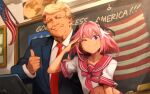  2boys absurdres american_flag astolfo_(fate) astolfo_(sailor_paladin)_(fate) bangs black_bow blonde_hair blue_shirt bow collarbone commentary commission donald_trump double_thumbs_up english_commentary fate/apocrypha fate/grand_order fate_(series) hair_between_eyes hair_bow hair_intakes highres khyle. long_sleeves looking_at_viewer mature_male medium_hair multiple_boys neckerchief necktie otoko_no_ko pink_neckerchief pole real_life red_necktie salute shirt short_sleeves sidelocks star_(symbol) thumbs_up violet_eyes 
