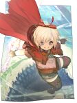  1girl avatar_(ff14) bangs blonde_hair blue_eyes bow cape eyebrows_visible_through_hair final_fantasy final_fantasy_xiv hair_bow hide_(hideout) highres holding hood hood_down hooded_cape lalafell open_mouth short_hair shorts solo thigh-highs 