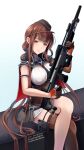  1girl armlet bangs black_dress black_headwear blunt_bangs breasts brown_hair brown_legwear crossed_legs dress dsr-50_(girls&#039;_frontline) dsr-50_(weapon) evening_gown ex_saki garrison_cap girls_frontline gun hat holding holding_gun holding_weapon large_breasts long_hair red_eyes rifle scope single_thighhigh sitting sniper_rifle solo thigh-highs very_long_hair weapon 