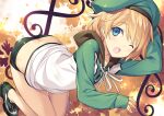  1girl :o ass baldr_(series) baldr_force bangs bent_over beret blonde_hair blue_eyes blush butt_crack collarbone green_footwear green_headwear green_shorts hat hood hoodie kikuchi_seiji one_eye_closed open_hand shorts sleeves_past_wrists smile solo 