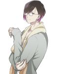  1103torenia 1boy beige_scarf bishounen brown_hair bustafellows eyebrows_visible_through_hair glasses gradient_hair helvetica_(bustafellows) looking_at_viewer male_focus multicolored_hair pink_hair simple_background solo white_background yellow_eyes 