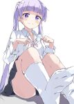  1girl bangs blunt_bangs closed_mouth commentary_request eyebrows_visible_through_hair highres long_hair long_sleeves looking_at_viewer new_game! pink_ribbon purple_hair rauto ribbon shirt simple_background sitting smile socks solo suzukaze_aoba twintails violet_eyes white_background white_shirt 