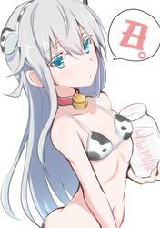  1girl alternate_costume animal_ears animal_print bangs bikini blue_eyes blush bottle breasts collar cow_ears cow_print eyebrows_visible_through_hair fake_animal_ears hair_between_eyes hibiki_(kancolle) highres holding holding_bottle kantai_collection long_hair micro_bikini milk_bottle myht new_year red_collar silver_hair simple_background small_breasts solo swimsuit white_background 