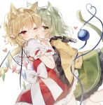  2girls animal_ears bangs cat_ears cat_tail closed_mouth crystal eyebrows_visible_through_hair flandre_scarlet green_eyes green_skirt heart heart_of_string highres holding_person komeiji_koishi looking_at_viewer multiple_girls one_eye_closed open_mouth pointy_ears red_eyes red_skirt shirt short_sleeves simple_background skirt sorani_(kaeru0768) tail third_eye touhou white_background wings wrist_cuffs yellow_shirt 