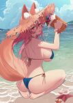  1girl animal_ear_fluff animal_ears ass back bangs bare_arms bare_shoulders barefoot beach beer_mug bikini blue_bikini blush bracelet breasts brown_eyes clouds commentary_request cup day ears_through_headwear fate/grand_order fate_(series) foam food fox_ears fox_girl fox_tail fruit full_body halterneck hat highres holding holding_cup jewelry large_breasts long_hair looking_at_viewer looking_back mug myao_(o3o333) ocean pink_hair revision shoulder_blades side-tie_bikini sideboob sidelocks sky solo starfish straw_hat string_bikini swimsuit tail tamamo_(fate) tamamo_no_mae_(swimsuit_lancer)_(fate) thighs tongue tongue_out water yellow_eyes 