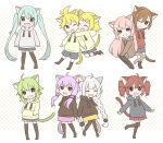  1boy 6+girls animal_ears antenna_hair bangs black_legwear blonde_hair blue_hair blue_shorts blue_skirt braid brown_hair brown_hoodie cat_boy cat_ears cat_girl cat_tail chibi drawstring green_eyes green_hair hair_ornament hairclip hands_in_pockets hatsune_miku holding_hands hood hood_down hoodie kagamine_len kagamine_rin kasane_teto kizuna_akari low_twin_braids megurine_luka meiko multiple_girls one_eye_closed pantyhose pink_eyes pink_hair pleated_skirt purple_hair purple_skirt red_eyes red_hoodie redhead short_hair shorts siblings sidelocks skc skirt socks standing standing_on_one_leg tail thigh-highs twin_braids twins twintails utau vocaloid voiceroid white_hair white_hoodie yellow_eyes yellow_hoodie yellow_skirt yuzuki_yukari 