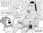 2boys absurdres alcohol bb_(baalbuddy) beer_belly bojack_horseman bojack_horseman_(series) bottle crossover english_commentary english_text facial_mark fat fat_man furry highres holding horse_man jack_daniel&#039;s jack_frost male_focus multiple_boys shin_megami_tensei shorts sitting speech_bubble sweatdrop topless_male what whiskey 