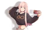  1girl bangs blunt_bangs highres holding holding_phone long_hair long_sleeves megurine_luka midriff phone pink_hair pout selfie solo violet_eyes vocaloid yen-mi 