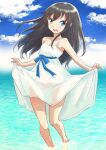  1girl alternate_costume asashio_(kancolle) bad_anatomy bad_leg barefoot black_hair blue_eyes blush clothes_lift clouds cloudy_sky collarbone day dress dress_lift eyebrows_visible_through_hair fuji_(pixiv24804665) hair_between_eyes highres kantai_collection lifted_by_self long_hair open_mouth sky smile solo sparkle teeth upper_teeth water white_dress 