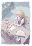 1girl back_bow bangs black_vest book border bow braid chair closed_eyes commentary_request cup eraser from_above hair_bow highres holding hourglass indoors key kirisame_marisa long_hair mug no_hat no_headwear on_chair open_book plate satyuas shirt short_sleeves single_braid solo table touhou vest white_border white_bow white_shirt 