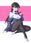  1girl absurdres bangs black_hair black_legwear blunt_bangs bow closed_mouth collared_shirt commentary_request crossed_legs eyebrows_visible_through_hair forehead frilled_skirt frills full_body highres komi-san_wa_komyushou_desu komi_shouko long_sleeves looking_at_viewer off_shoulder pantyhose pointy_nose purple_bow purple_skirt redfish shirt simple_background sitting skirt solo two-tone_background violet_eyes white_footwear white_shirt 
