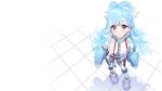  1girl bad_kim blush_stickers eyebrows_visible_through_hair hair_behind_ear hololive hololive_indonesia jacket kobo_kanaeru light_blue_hair raincoat see-through see-through_jacket simple_background sleeves_past_fingers sleeves_past_wrists smile solo virtual_youtuber white_background 
