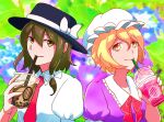  blonde_hair brown_eyes brown_hair bubble_tea cream drink drinking drinking_straw hat highres holding holding_drink looking_at_viewer maribel_hearn necktie rokki_hero smile touhou usami_renko yellow_eyes 