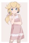  1girl alternate_costume alternate_hairstyle aqua_eyes blonde_hair border casual chocomiru closed_mouth crown crown_removed dress earrings hair_ribbon jewelry long_hair looking_back pink_dress ponytail princess_peach ribbon sleeveless sleeveless_dress smile solo sundress super_mario_bros. tiara_removed white_border 