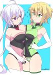  2girls akatsuki_kirika asymmetrical_docking blonde_hair breast_press breasts covered_navel elbow_gloves gloves green_eyes highres large_breasts leotard medium_breasts multiple_girls randoruto-kan senki_zesshou_symphogear smile thigh-highs violet_eyes yukine_chris 