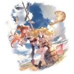  2girls blonde_hair blue_eyes boots brown_eyes closed_mouth clouds floating_hair flying_paper fold-over_boots garter_straps granblue_fantasy hat lecia_(granblue_fantasy) luggage minaba_hideo monika_weisswind multiple_girls official_art one_eye_closed open_mouth paper redhead shirt shorts signpost sitting sky standing straw_hat thigh-highs transparent_background wind 
