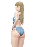  1girl absurdres adjusting_clothes adjusting_swimsuit ano_(gccx8784) ass back back_cutout bangs blonde_hair blue_swimsuit blunt_bangs blush breasts clothing_cutout competition_swimsuit cowboy_shot crotch_seam eyebrows_visible_through_hair from_behind green_eyes highres looking_at_viewer looking_back mole mole_under_eye one-piece_swimsuit original parted_lips profile simple_background solo standing swimsuit wedgie wet 