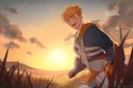  1boy armored_boots artist_name black_shirt blonde_hair boots brown_gloves closed_eyes clouds gloves granblue_fantasy higashigunkan male_focus open_mouth outdoors shirt short_hair sky smile solo sunset translation_request vane_(granblue_fantasy) 