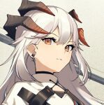  1girl arknights chinese_commentary closed_mouth commentary_request dragon_horns earclip horns long_hair looking_at_viewer orange_eyes rosemaryhuoji saria_(arknights) shirt silver_hair solo upper_body white_shirt 