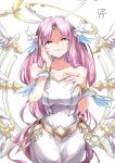  1girl archangel_gabriel_(guardian_tales) bangs bare_shoulders breasts circlet dress eyebrows_visible_through_hair hair_ornament halo highres large_breasts long_hair looking_at_viewer no_bra parted_bangs pepepepenguinpe pink_hair shaded_face signature smug white_background white_dress yellow_eyes 