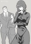  1girl 2boys absurdres artist_name bangs bob_cut dress facial_hair fubuki_(one-punch_man) goatee greyscale highres jewelry lips mbr90munouk monochrome multiple_boys necklace one-punch_man short_hair signature simple_background 