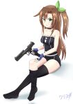  1girl absurdres bangs bare_shoulders black_choker blue_gloves boppin bow breasts brown_hair choker collarbone desert_eagle fingerless_gloves gloves green_eyes gun hair_between_eyes hair_bow hair_ornament hairband handgun highres holding holding_gun holding_weapon if_(neptune_series) leaf_hair_ornament locked_slide long_hair looking_at_viewer magazine_(weapon) neptune_(series) no_shoes one_side_up reloading shorts side_ponytail simple_background sitting solo strapless thigh-highs trigger_discipline tube_top weapon white_background 