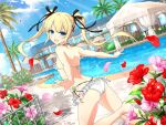  1girl ass back bangs bare_arms bare_shoulders bikini bikini_skirt blonde_hair blue_eyes blush bow breasts crossover dead_or_alive dead_or_alive_5 flower hair_bow hair_ornament hands_up long_hair looking_at_viewer marie_rose official_art outdoors petals pool ribbon rose senran_kagura senran_kagura_new_link shoulder_blades small_breasts smile solo standing swimsuit toes tree twintails white_bikini x_hair_ornament yaegashi_nan 
