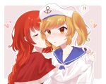  2girls anchor_symbol blonde_hair blush braid capelet closed_mouth commentary_request embarrassed hat heart highres kiss kitashirakawa_chiyuri long_hair milll_77 multiple_girls okazaki_yumemi red_capelet redhead sailor sailor_collar sailor_hat sailor_shirt shirt short_sleeves touhou touhou_(pc-98) twintails two_side_up white_shirt yellow_eyes 