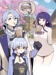 1boy 2girls absurdres anger_vein angry arms_behind_back bangs blue_eyes blue_hair blunt_bangs blurry blurry_background breasts brother_and_sister bubble_tea_challenge chroong comedy cup_on_head drinking drinking_straw english_commentary frown genshin_impact hair_between_eyes hair_ornament highres japanese_clothes kamisato_ayaka kamisato_ayato large_breasts long_hair medium_breasts mole mole_under_eye mole_under_mouth multiple_girls neet ponytail purple_hair raiden_shogun shaded_face siblings smile veins violet_eyes