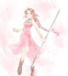  1girl aerith_gainsborough bangs bare_arms boots bracelet braid braided_ponytail breasts choker dress falling_petals final_fantasy final_fantasy_vii green_eyes hair_ribbon holding holding_weapon jacket jacket_removed jewelry long_dress long_hair parted_bangs petals pink_background pink_dress pink_ribbon ribbon ribbon_choker sidelocks smile solo square_enix staff takanamushi weapon 