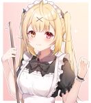  :3 apron blonde_hair bow bowtie broom closed_mouth collared_dress dress frills hair_ornament hands_up heterochromia holding holding_broom hoshikawa_sara looking_at_viewer maid maid_apron maid_headdress multicolored_hair nijisanji puffy_short_sleeves puffy_sleeves red_eyes short_sleeves smile streaked_hair virtual_youtuber x_hair_ornament yellow_eyes zky_(oekaky) 