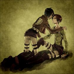  1boy 1girl bangs belt black_hair boots brown_eyes brown_hair cropped_jacket eren_yeager full_body hair_between_eyes hand_on_another&#039;s_shoulder knee_boots long_sleeves mikasa_ackerman pants parted_bangs shingeki_no_kyojin short_hair sitting survey_corps_(emblem) suspenders takanamushi thigh_strap white_pants 