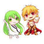  armor blonde_hair body_markings cloak closed_mouth earrings enkidu_(fate) fate/grand_order fate/strange_fake fate_(series) gilgamesh_(fate) green_eyes green_hair jewelry looking_at_viewer open_mouth red_eyes rokki_hero smile smug topless_male white_cloak 