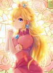  1girl agisato blonde_hair brooch crown dress earrings elbow_gloves gloves highres jewelry long_hair looking_at_viewer nose one_eye_closed own_hands_together pink_dress princess princess_peach solo super_mario_bros. tiara 