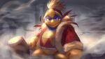  absurdres coat feathers fur-trimmed_coat fur_trim hammer hat highres holding holding_hammer king_dedede kirby_(series) kirby_and_the_forgotten_land mittens shiburingaru wind 