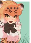  1girl animal_ears black_hair black_skirt blonde_hair blush center_frills claw_pose elbow_gloves eyebrows_visible_through_hair fang frills gloves high-waist_skirt jaguar_(kemono_friends) jaguar_ears jaguar_girl jaguar_print kemono_friends looking_at_viewer majikaru_pokonyan multicolored_hair open_mouth print_gloves print_skirt shirt short_hair short_sleeves skin_fang skirt solo white_gloves white_hair white_shirt yellow_eyes 