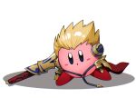  :o armor blonde_hair blue_eyes blush chromatic_aberration commentary_request ea_(fate/stay_night) fate/stay_night fate_(series) gauntlets gilgamesh_(fate) gold_armor hand_up highres holding holding_sword holding_weapon kirby kirby_(series) looking_at_viewer no_humans none_(kameko227) open_mouth shadow solo sword weapon white_background 
