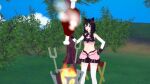  1girl 3d :d animal_ears bare_shoulders black_gloves black_hair black_shorts blue_eyes blue_sky bone boned_meat branch breasts cat_ears cat_girl clear_sky cooking feet_out_of_frame fingerless_gloves fire food fran_(tensei_shitara_ken_deshita) gloves hair_between_eyes hand_on_hip hand_up highres holding holding_bone holding_food kirbro leaf looking_away meat medium_hair midriff navel open_mouth outdoors shiny shiny_hair shorts sky small_breasts smile solo standing steam stomach teeth tensei_shitara_ken_deshita thigh-highs tongue tree upper_teeth v-shaped_eyebrows white_legwear 