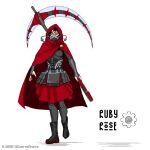  1girl ammunition_pouch boots cloak el_cuervo fangs gears highres pouch respirator ruby_rose rwby scythe skirt spikes weapon 