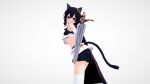  1girl 1other 3d alternate_eye_color animal_ears arm_behind_head arm_up bare_shoulders black_cloak black_gloves black_hair black_shorts black_tail breasts bright_pupils cat_girl cat_tail cloak earrings feet_out_of_frame fingerless_gloves fran_(tensei_shitara_ken_deshita) from_below from_side gloves gold_earrings hair_between_eyes hand_on_hip hand_up head_tilt holding holding_sword holding_weapon jewelry korean_commentary looking_at_viewer looking_down looking_to_the_side medium_hair midriff o0o_(pixiv_58838089) shishou_(tensei_shitara_ken_deshita) shorts simple_background small_breasts stomach sword tail tensei_shitara_ken_deshita thigh-highs thighs violet_eyes weapon white_background white_legwear white_pupils 