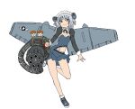  a-10_thunderbolt_ii absurdres aircraft_wings alternate_costume breasts copyright_request deculture exposed_bellybutton gatling_gun gau-8 gawr_gura grey_hair gun highres holding holding_gun holding_weapon hololive maid_headdress medium_hair miniskirt second-party_source shoes simple_background skirt small_breasts smirk sneakers standing standing_on_one_leg weapon 