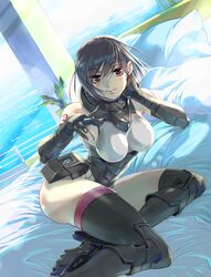  1girl absurdres ass bed black_eyes black_footwear black_gloves black_hair boots breasts elbow_gloves eyebrows_visible_through_hair fantasia_re:build full_metal_panic! gloves grey_leotard hair_behind_ear highres lens_flare leotard medium_breasts melissa_mao metal_boots ocean official_art open_hand pillow short_hair solo thigh-highs thigh_boots 