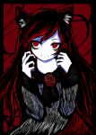  1girl absurdres animal_ears bags_under_eyes black_hair brooch dress highres imaizumi_kagerou jewelry long_hair long_sleeves looking_at_viewer monster_girl multicolored_hair one-hour_drawing_challenge red_background red_eyes redhead sinamongado smile solo touhou white_dress wolf_ears 