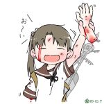  amputee ayanami_(kancolle) blood blood_on_arm blood_on_face brown_hair brown_sailor_collar bruise bruise_on_face closed_eyes commentary_request hair_ribbon holding_own_arm injury kantai_collection long_hair missing_limb open_mouth ribbon rigging sailor_collar school_uniform serafuku short_sleeves side_ponytail smokestack translation_request tsubutarou 