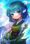  1girl blue_eyes blue_hair blush eyebrows_visible_through_hair frilled_kimono frills green_kimono head_fins highres japanese_clothes kimono long_sleeves looking_at_viewer mermaid monster_girl obi sash shianebulae short_hair smile solo splashing touhou wakasagihime water 