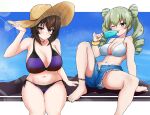  2girls adjusting_clothes adjusting_headwear alternate_hairstyle anchovy_(girls_und_panzer) anklet armorganger bangs barefoot bikini bikini_under_clothes blue_shorts blue_sky blush bow bow_bikini breasts brown_eyes brown_hair brown_headwear clear_sky closed_mouth clouds cloudy_sky commentary commission cutoffs day denim denim_shorts double_bun drill_hair eating eyebrows_visible_through_hair food foot_up frown fur_bracelet girls_und_panzer girls_und_panzer_senshadou_daisakusen! green_hair hair_ornament halterneck hat highres holding holding_food horizon jewelry knee_up large_breasts lens_flare licking long_hair looking_at_viewer medium_breasts multiple_girls navel nishizumi_maho official_alternate_costume on_rock one_eye_closed open_fly outdoors outside_border pixiv_request popsicle purple_bikini red_eyes rock short_hair shorts side-by-side side-tie_bikini sitting sky star_(symbol) star_hair_ornament straw_hat sun_hat swimsuit tongue tongue_out torn_clothes torn_shorts twin_drills twintails upshorts white_bikini 