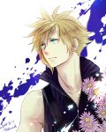  1boy blonde_hair blue_eyes blue_shirt cloud_strife collarbone daisy earrings final_fantasy final_fantasy_vii final_fantasy_vii_advent_children flower jewelry open_collar paint_splatter pink_flower shirt single_earring solo spiky_hair square_enix suspenders takanamushi upper_body 